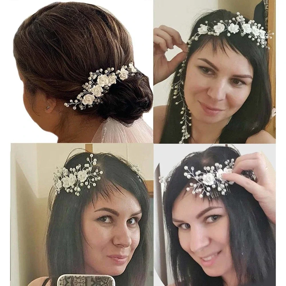 Bridal Pearls Flowers Crystals Hair Comb White Wedding Hairband Accessory